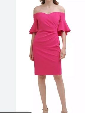 CALVIN KLEIN Pink Off Shoulder Sweetheart Neckline Flutter Sleeve Dress 12 NWOT